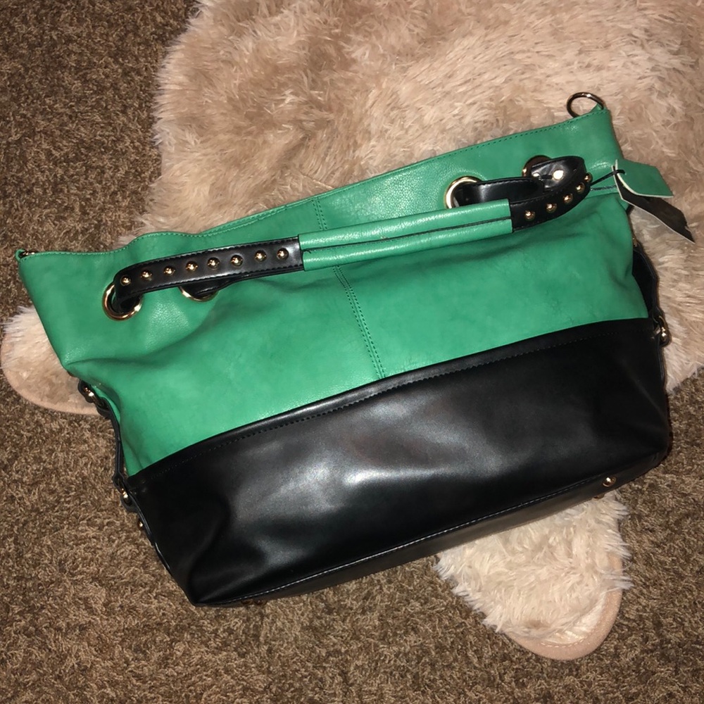 Green and Black Studded Shoulder Tote Bag